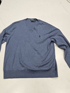 Vintage Ralph Lauren Men's Slate Blue V-Neck Sweater with Red Polo Logo
